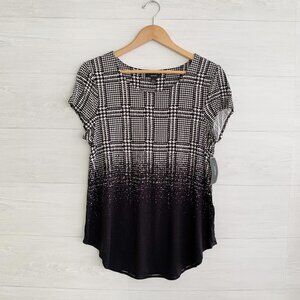 NWT Alfani - Black & white plaid short sleeve stretch rayon top, L